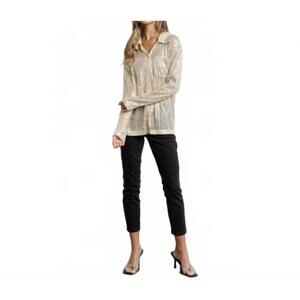 NEW KIWI sequin button down shirt with chest pocket in gold